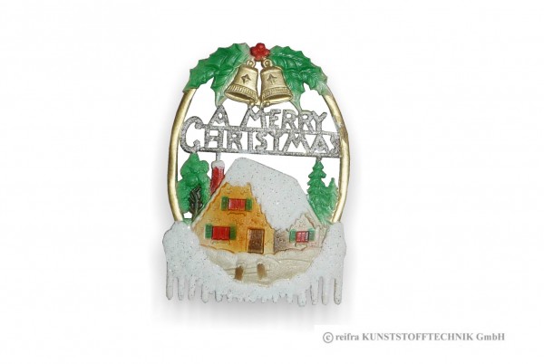 Fensterbild Weihnacht oval mit Haus, Pappe Glitzer