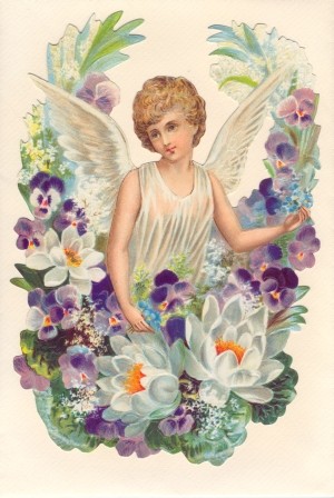 Aufstellschmuckkarte Engel mit Blumenkranz