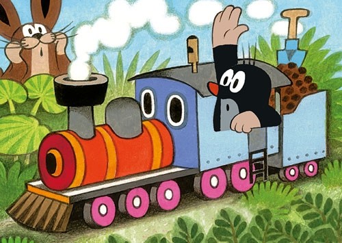 Postkarte Kindermotive Maulwurf in Dampfeisenbahn
