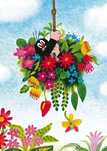 Postkarte Kindermotive Maulwurf in Blumenschaukel