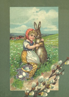 nostalgische Präge - Postkarte - Mädchen mit Hase