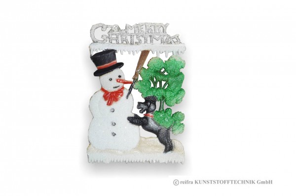 Fensterbild Weihnacht, Schneemann mit Hund, Pappe