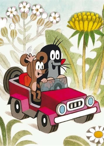 Postkarte Kindermotive Maulwurf und Maus im Jeep