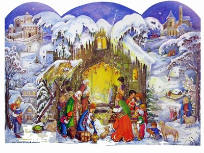 nostalgischer Adventskalender Panorama Krippe