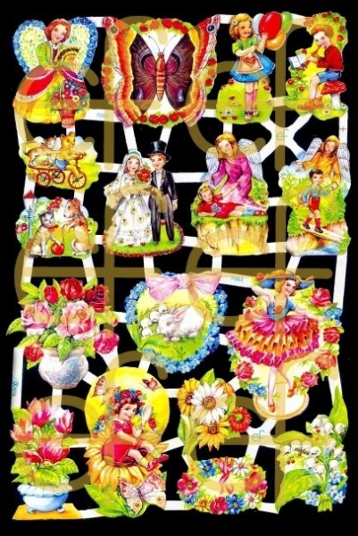 Glanzbilder Blumen Kinder 50er Jahre mit Glitter