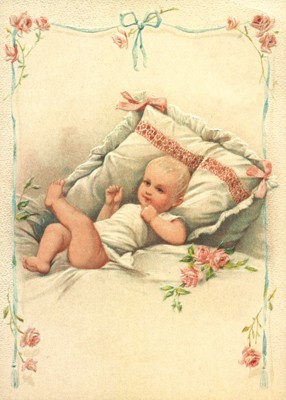 nostalgische Präge - Postkarte - Baby im rosa Bett