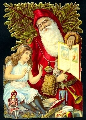 Aufstellschmuckkarte Weihnachtsmann mit Kind+Buch