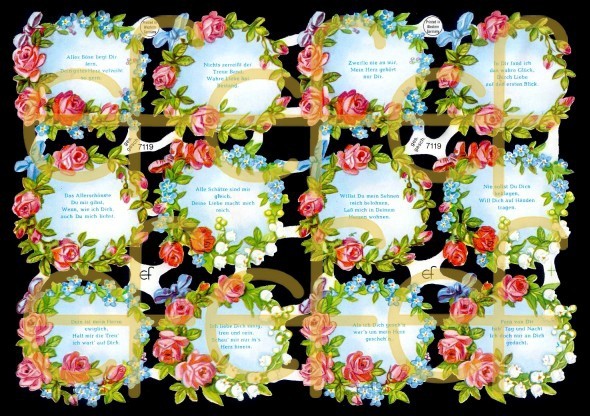 Glanzbilder 12 Blumenkränze mit Text, 50er Jahre