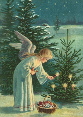 nostalgische Präge - Postkarte - Engel zündet Kerz