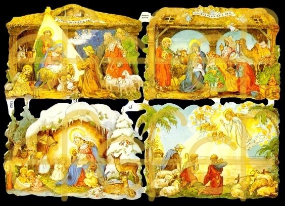 Glanzbilder Krippen Weihnachten 50er Jahre+Glitter