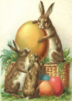 nostalgische Präge - Postkarte - 3 Hasen mit  Eier